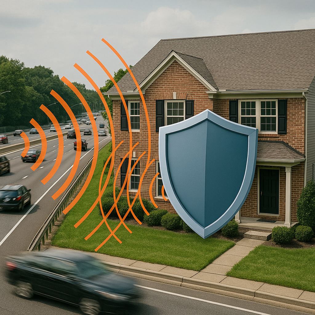 House near the highway with superimposed visualization of sound waves and a soundproofing shield